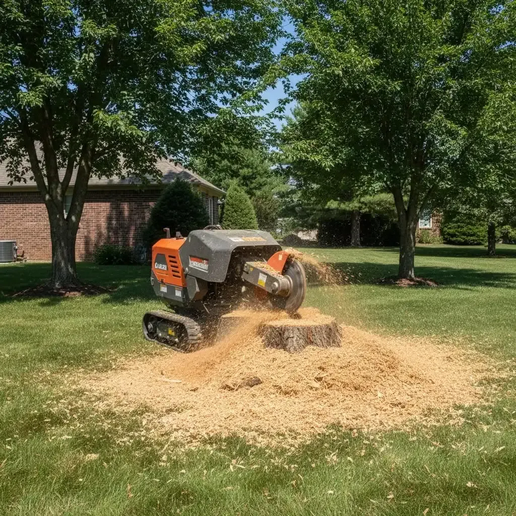 Professional stump grinder removing a tree stump from a residential lawn in Centennial, CO