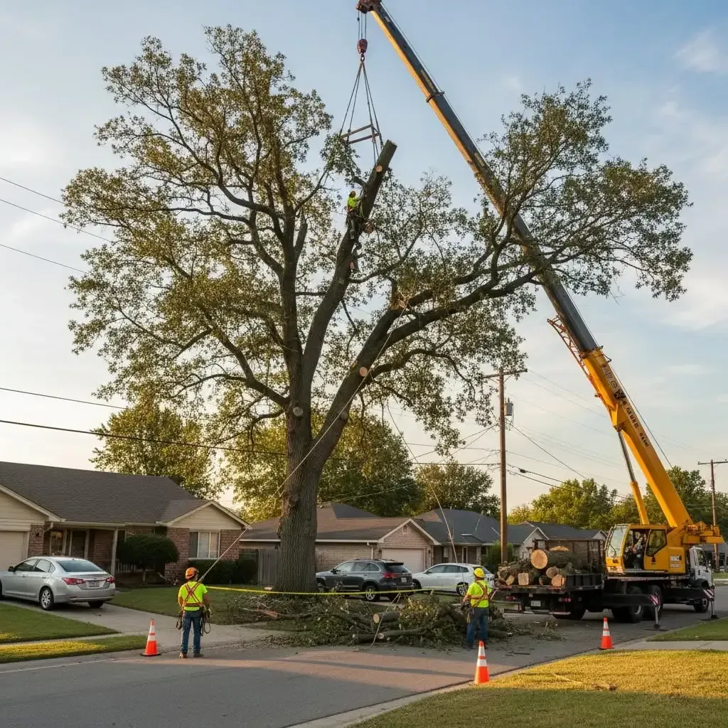 Tree trimming crew using a crane to prune a large tree on a suburban street at dusk