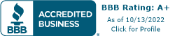 A bbb logo that says accredited business as of 10/13/2022