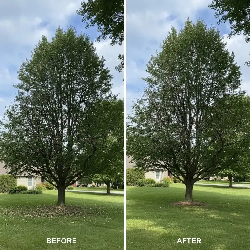Split view of a tree before and after pruning in a grassy yard, labeled “BEFORE” and “AFTER”.