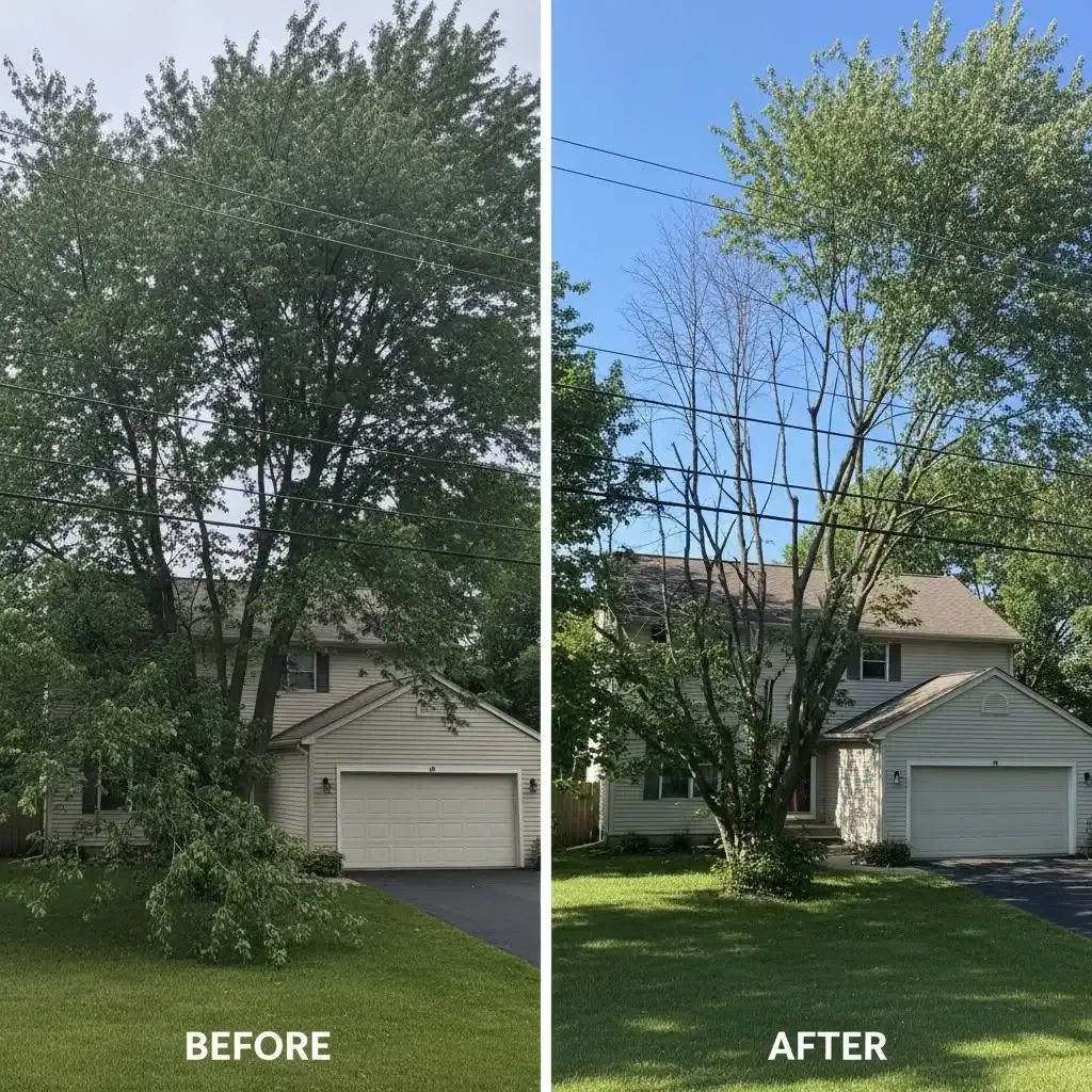 Before-and-after of a tree trimmed back in front of a suburban house and garage.